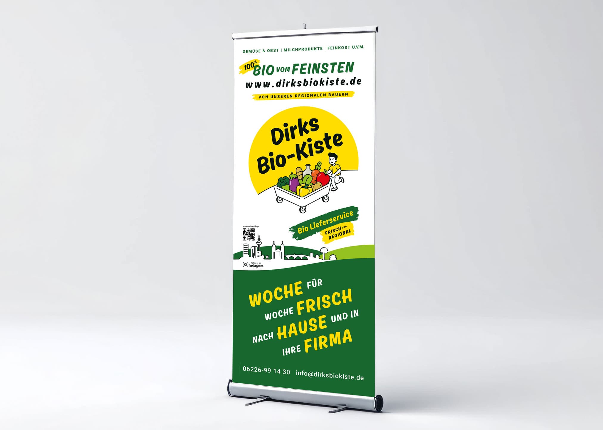 Dirks Biokiste Roll-up-Banner – nachhaltiger Bio-Lieferservice mit regionalem Obst, Gemüse und frischen Lebensmitteln.